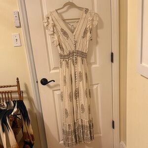 Cream Bohemian Maxi Dress with Paisley Trim